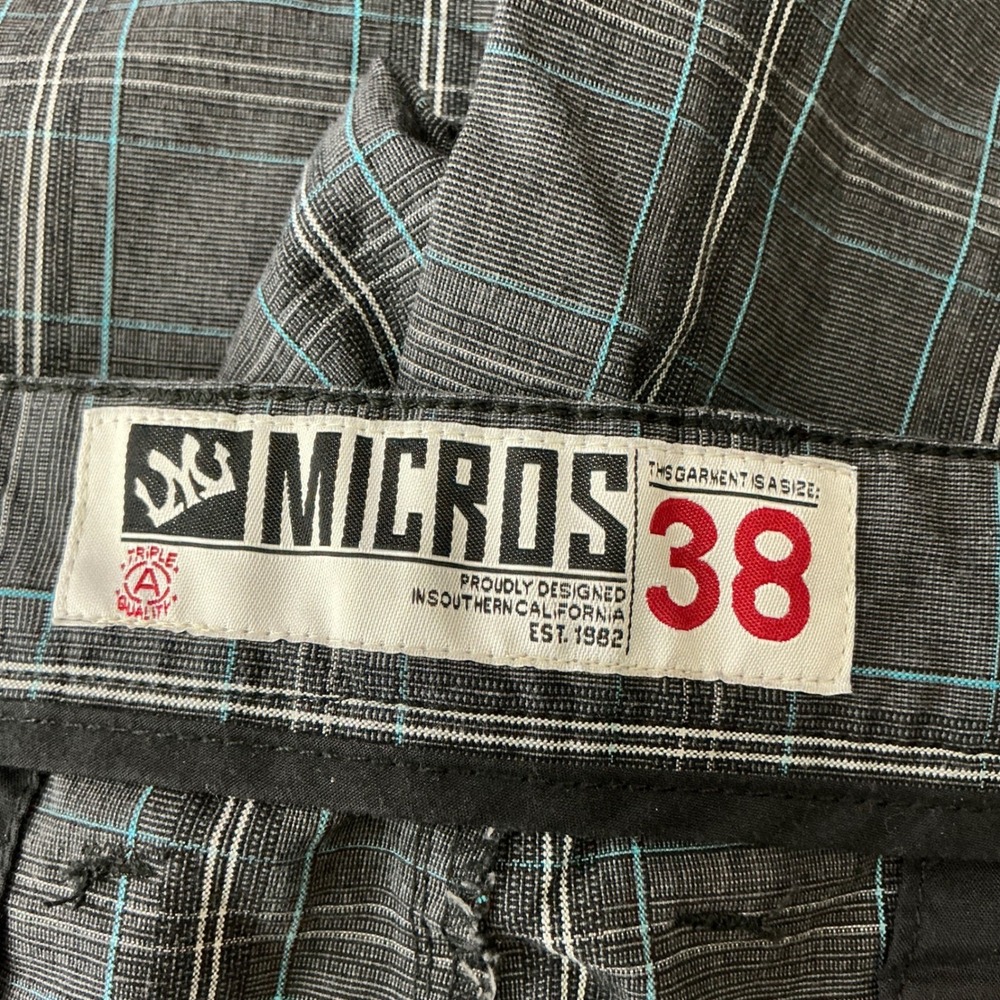 Micros Mens Plaid Cargo Shorts Gray Teal Size 38 Flat Front Skater‎ Utility Y2K - Picture 3 of 10